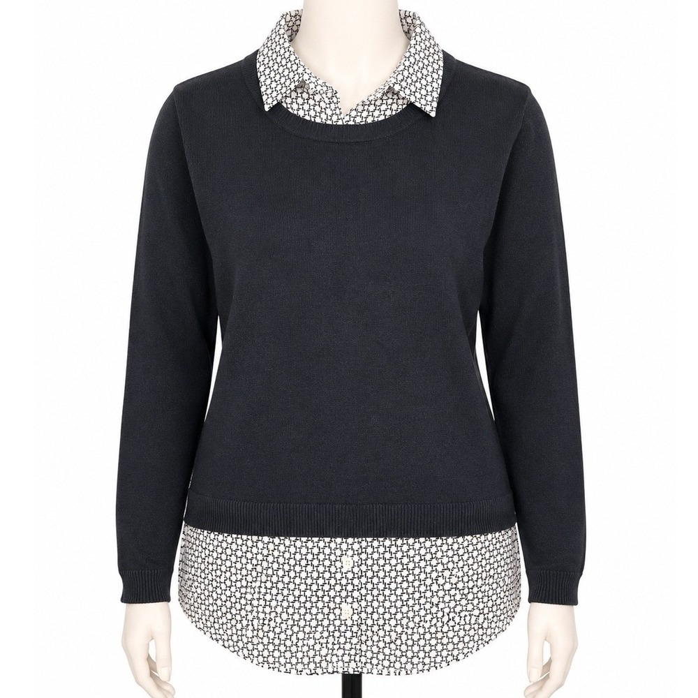Adrianna Papell Womens Black Mixed Media Sweater Layered Look‎ Top Small Office